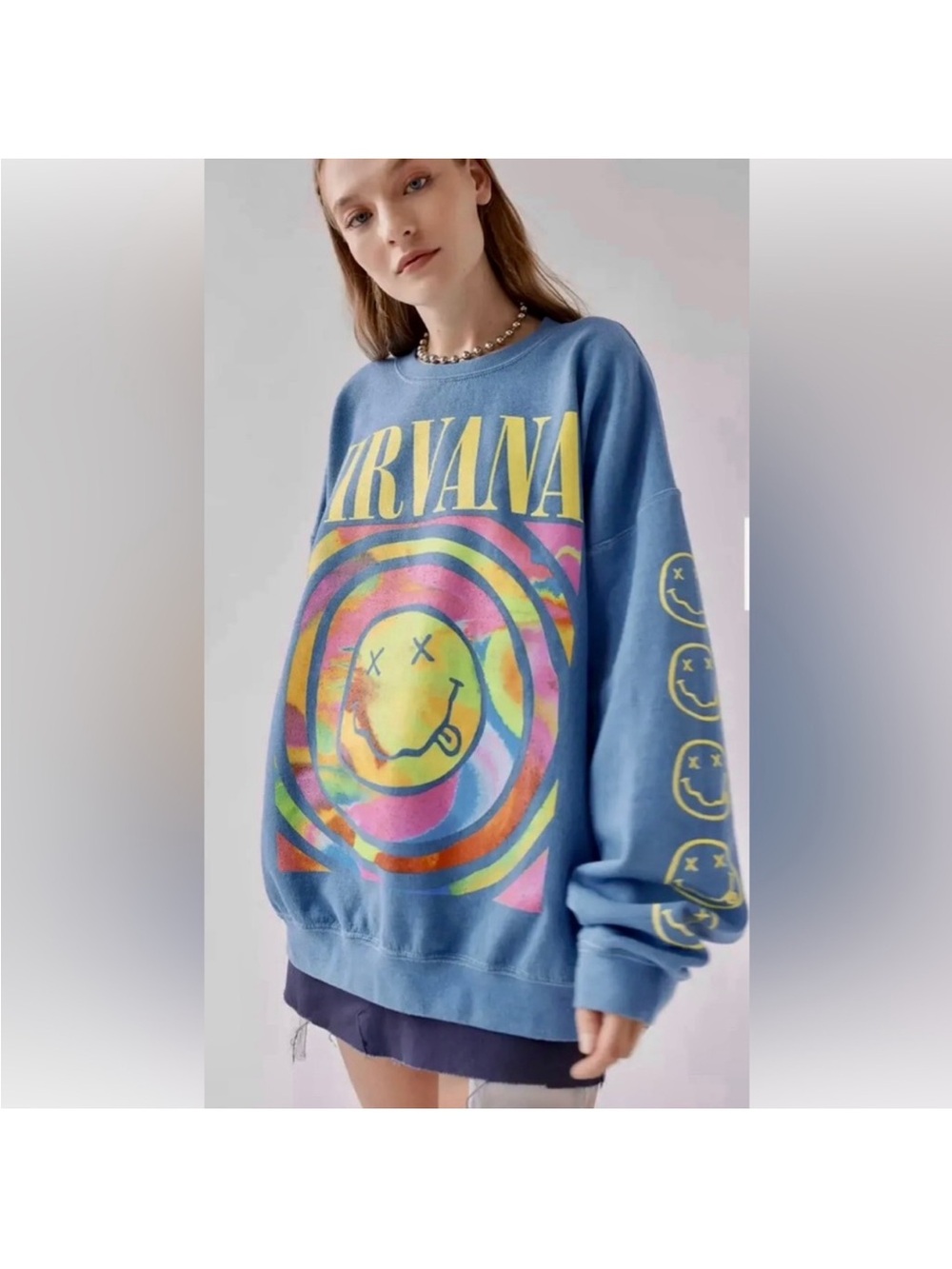 Nirvana Smile Turquoise Overdyed Urban Outfitters Sweatshirt Size S/M Oversized